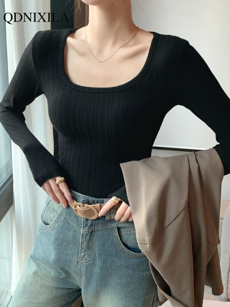 Spring New Women U-neck Long Sleeve T-shirt Fashion Solid Low Collar Inner Slim Fit Korean Tops Pulovers Blouse Women\'s Clothing