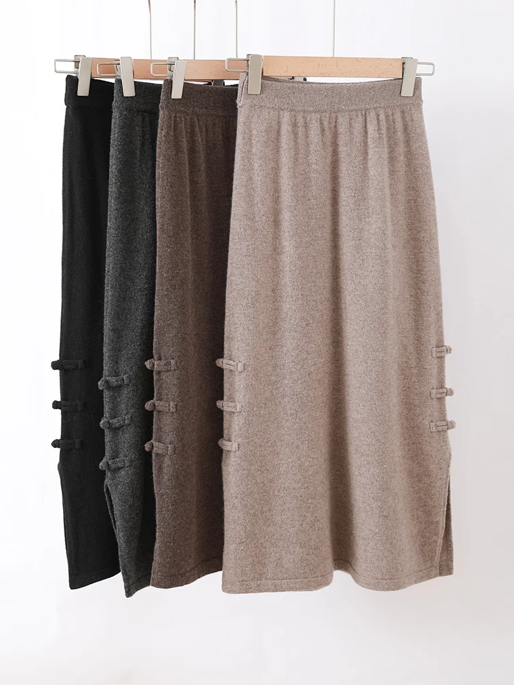 

Women's Wool Knitted Skirt, Chinese Style Buckle, Slit, Discount, 2024 Autumn And Winter, Fashion, Bottoms