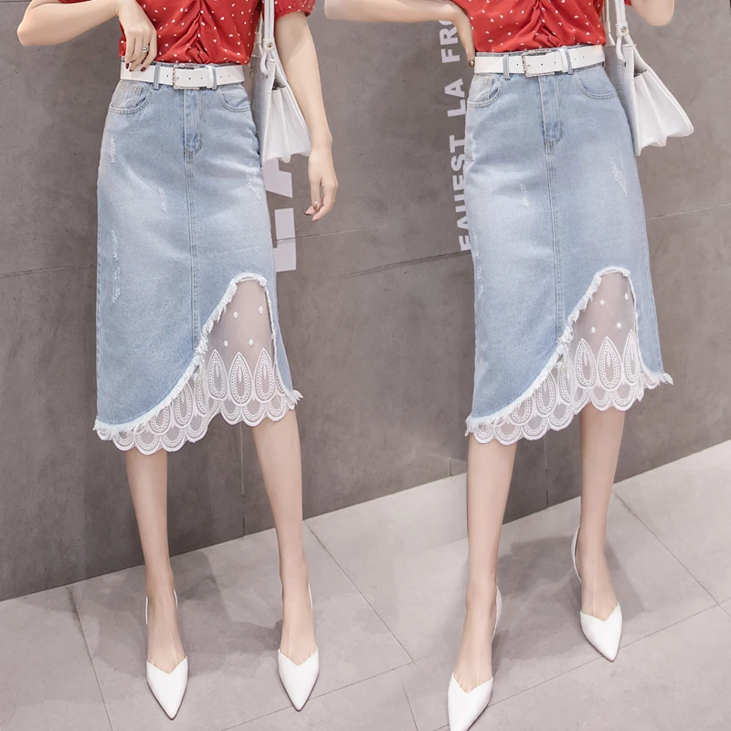 Ladies Mesh Splicing Fur-lined Denim Skirt Women Casual Asymmetric High Waist Jeans Skirts Girls New Fashion Clothing PAY5518 2