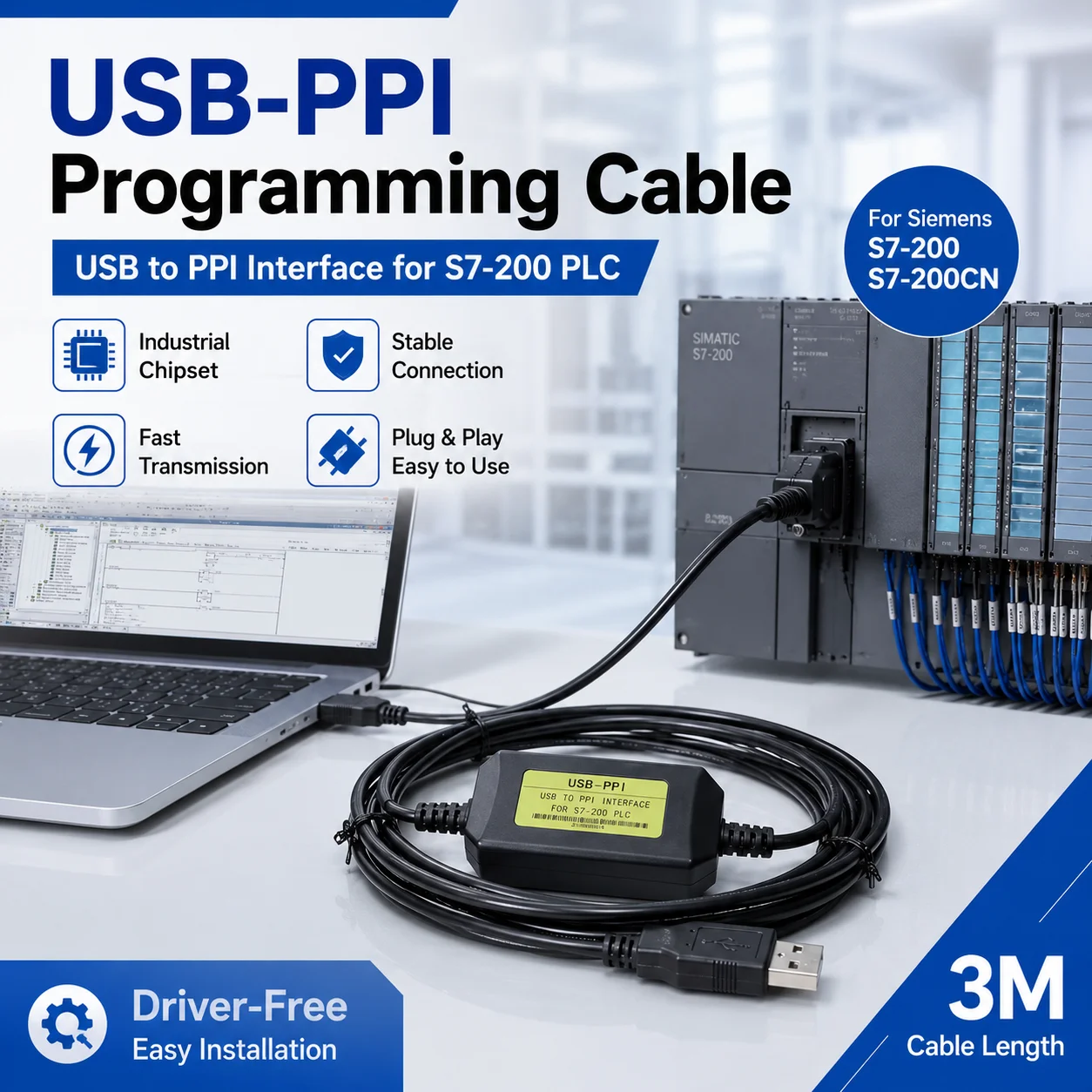 USB-PPI 3M PLC Programming Cable, CH340 Download Lead for Siemens S7-200/200CN CPU221/222/224XP/226, Not for SMART 200