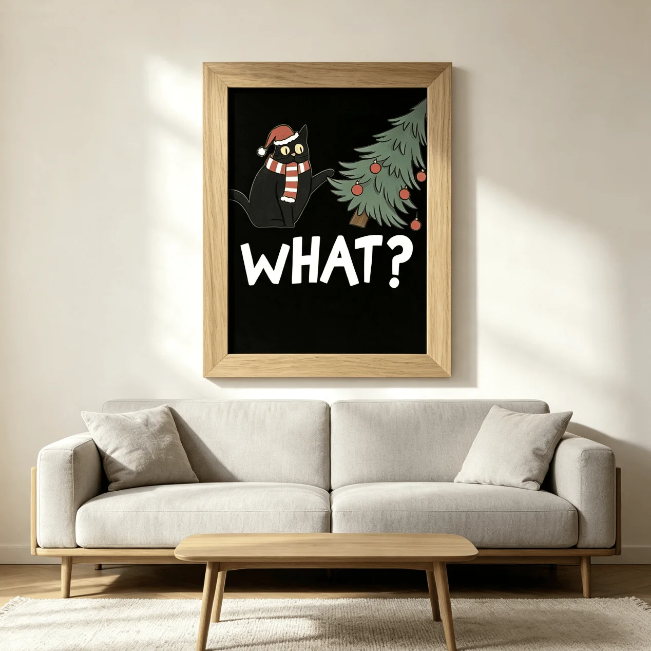 Funny What? Black Cat Santa Hat Christmas Tree Wall Art Canvas Prints Posters, Cartoon Kitty, Holiday Home Living Room Decor