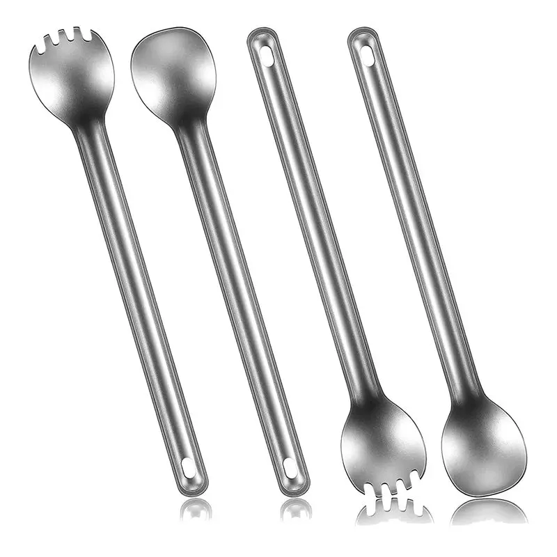 *X07A 4 Pieces Titanium Long Handle Spork and Spoon Ultralight Portable Flatware for Outdoor Camping Backpacking Hiking Travel - Detail 1