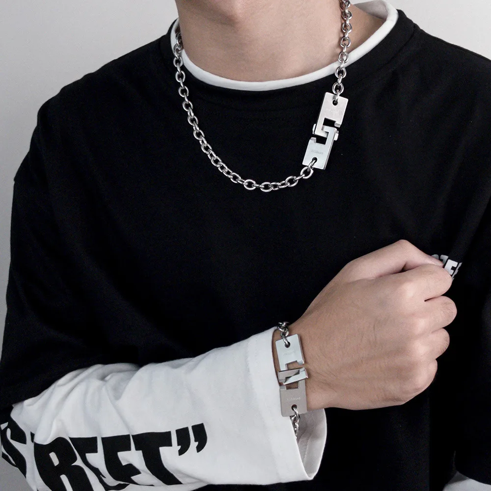Customized Men Titanium Stainless Steel Chain Necklace Bracelet Women Hip hop jewelry sets For Men Silver Color Never Fading