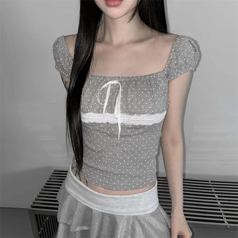 Polka Dot Square Neck Crop Top Women Y2K Lace Trim Short Sleeve T Shirt Bow Tie Sweet Slim Casual Summer Tees Streetwear 2026
