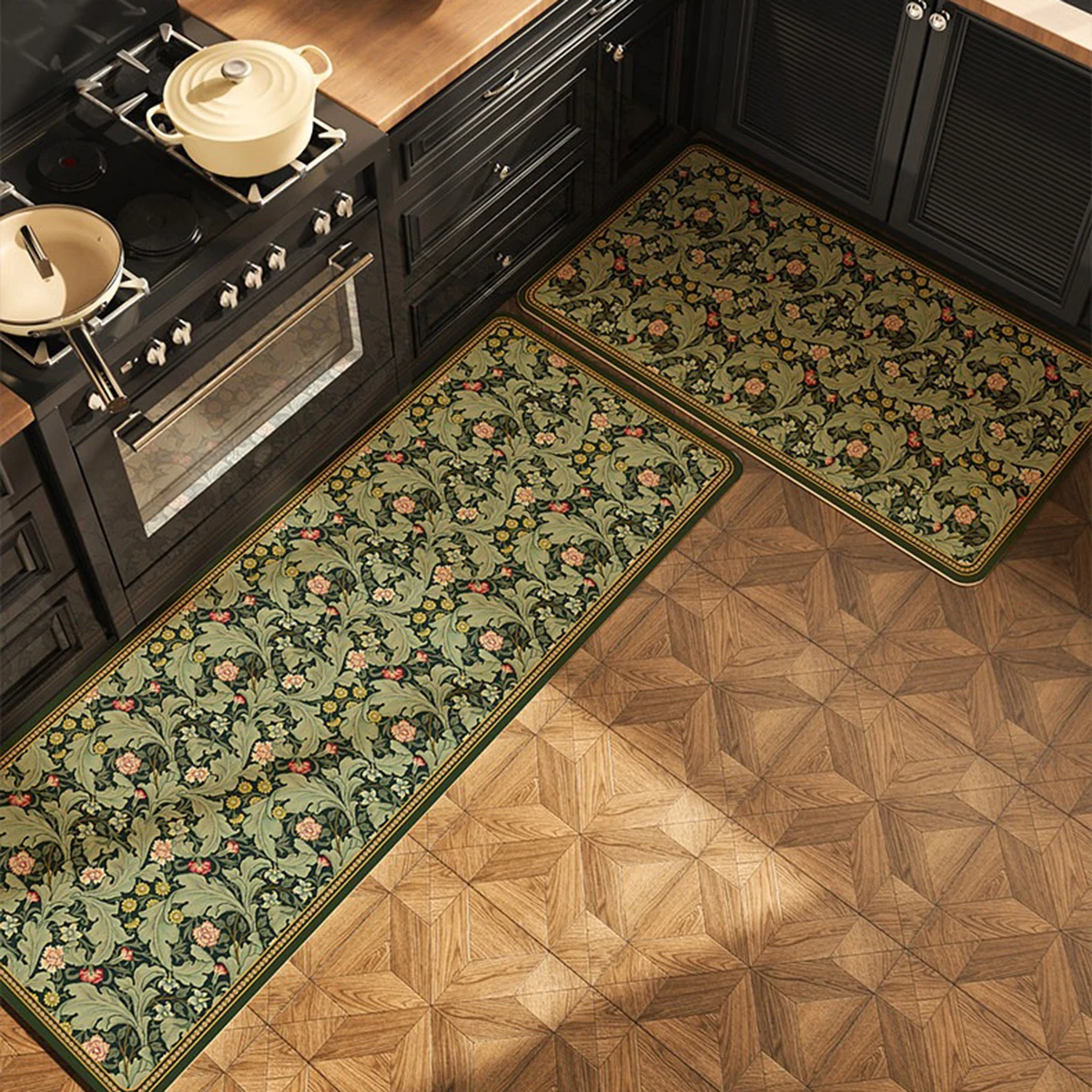 Kitchen Floor Mats Retro Green Floral Long Strip Runner Rug Anti-slip Carpet Light Luxury Home Decoration Mat Alfombra De Cocina