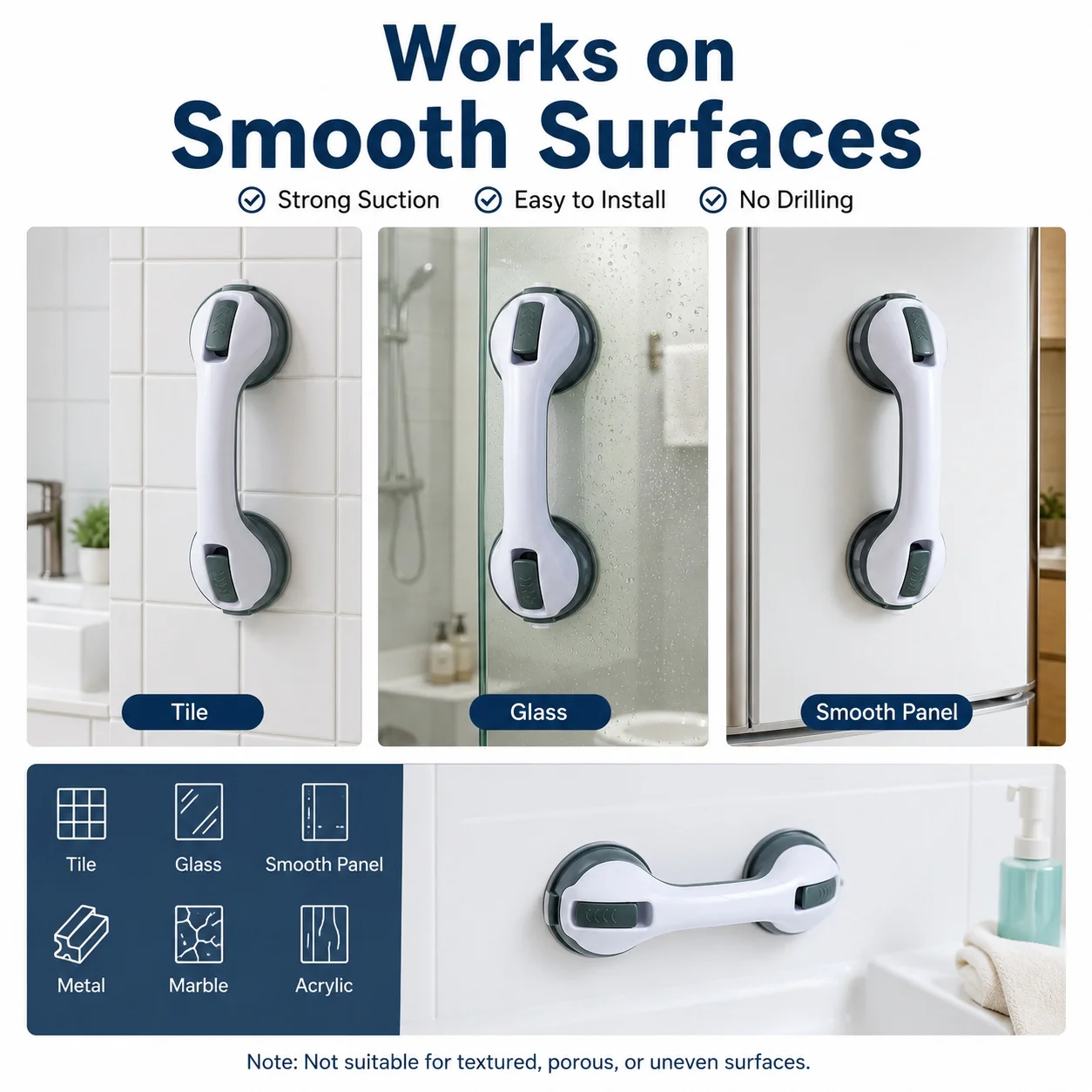 2pcs Strong No-Drill Suction Cup Armrest Bathroom Safety Handle - Dual Suction Cups Tool-Shower Room Wall Stability Grip