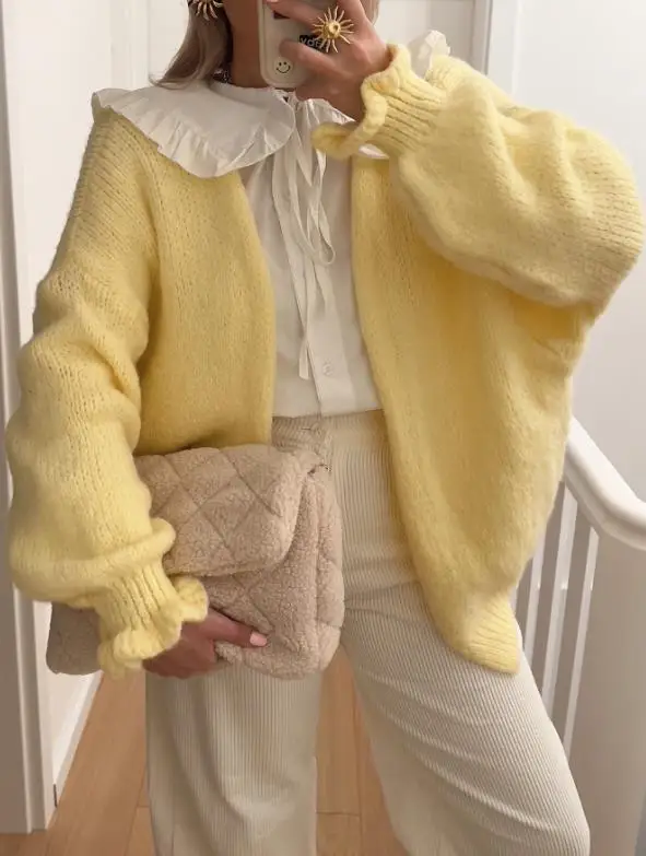 

2025 Autumn and Winter Solid Color Loose Knit Cardigan for Women, Fashionable and Simple, Pleated Cuffs, Loose Sweater Cardigan