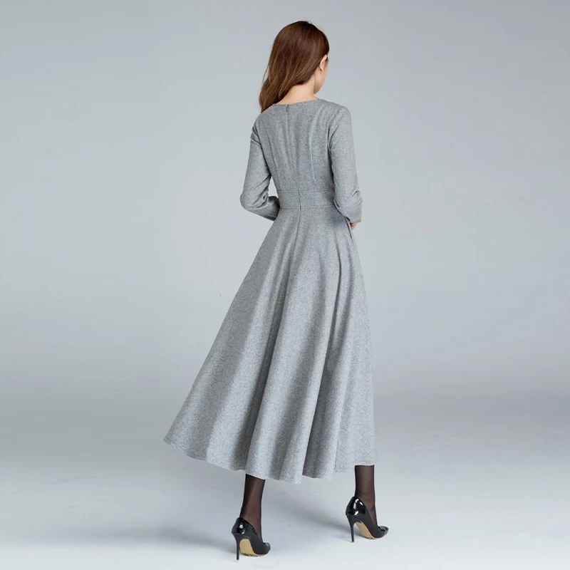2026 Women's Sophisticated Grey Wool-Blend Flared Dress – Long Sleeve, Cinched Waist, Elegant A-Line Swing Skirt for Daily Wear
