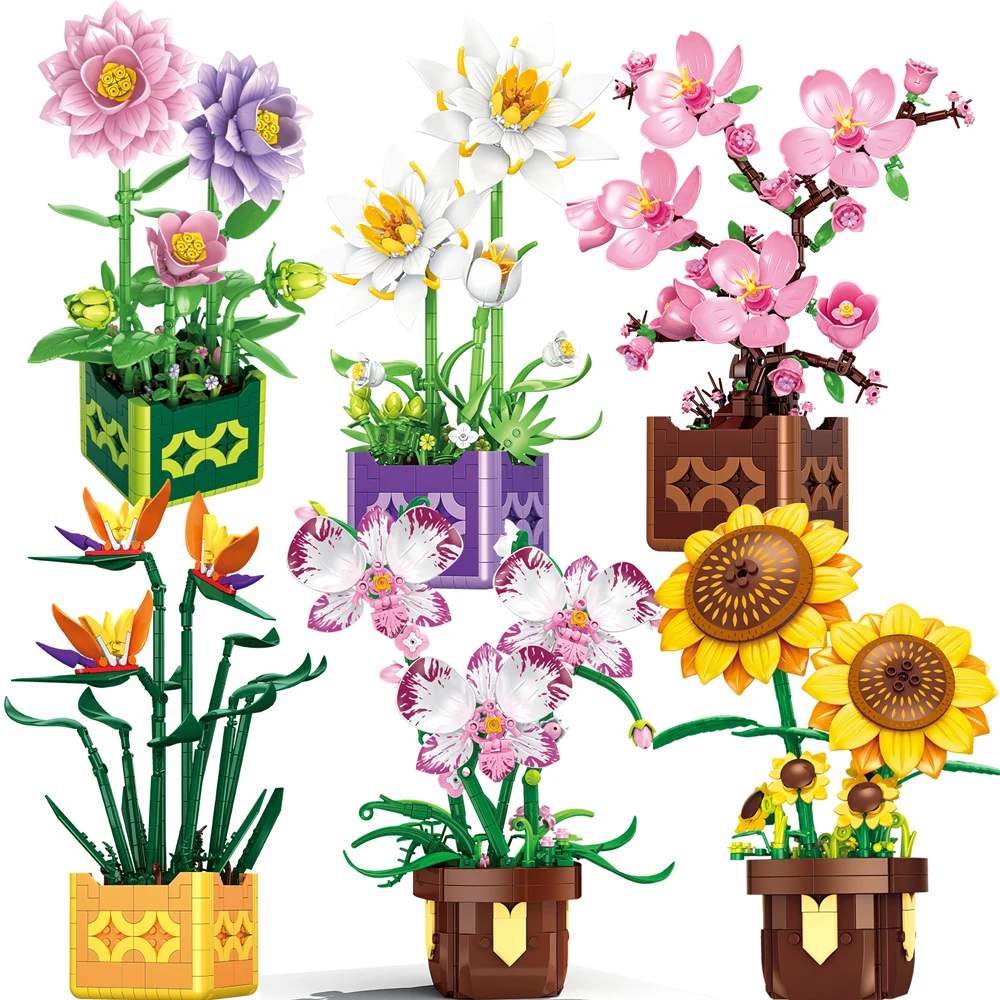 

Flower Bouquet Rose Phalaenopsis Lily Sunflower Potted Plant Building Blocks Decor Bricks Set Toys For Children Christmas Gift