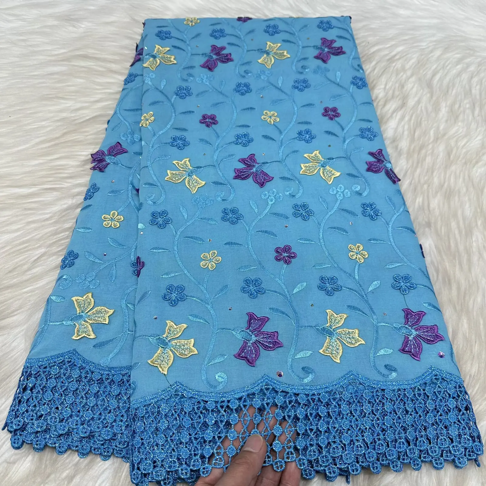 

Роскошная африканская кружевная ткань из 100% хлопка, 5 ярдов, швейцарский вуаль, 3D вышитое кружево с камнями для пошива одежды, 31A09