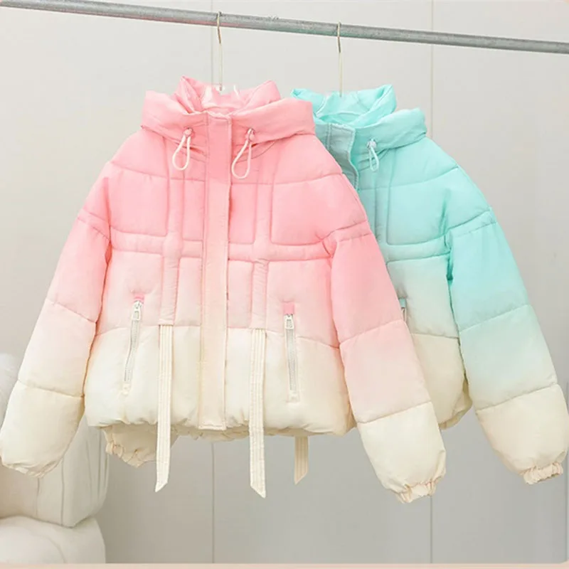 Winter Jacket Gradient Color Cotton Coat Women Parkas Loose Hooded Thicken Warm Cotton Padded Jacket Female Outerwear Overcoat