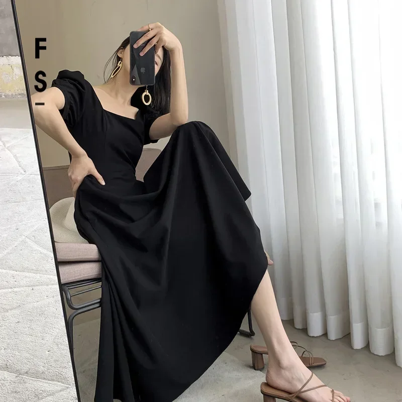 

Korean Summer Dress Spring New French Vintage Hepburn Style Square Neck Black Dress Women'S Long Dresses Robe Femme Y2k