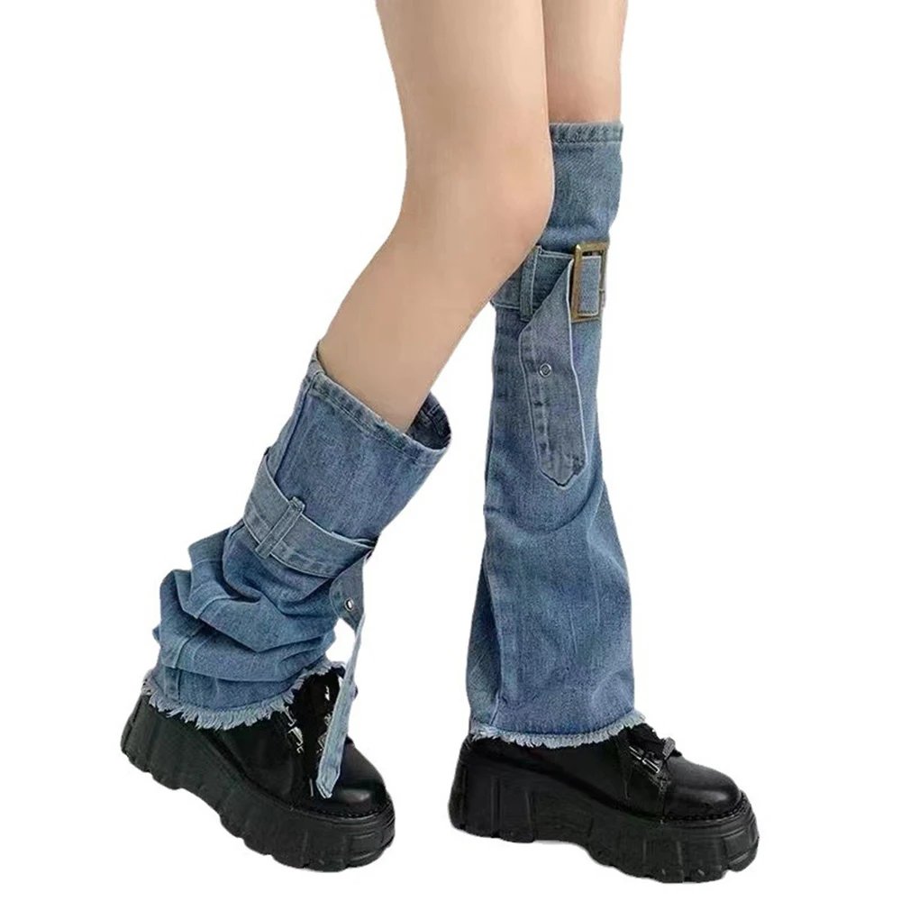 

Punk Style Vintage Denim Leg Covers Autumn Winter Soft Jeans Buckle Belt Leg Warmers Y2K Harajuku Boot Socks Boot Calf Covers