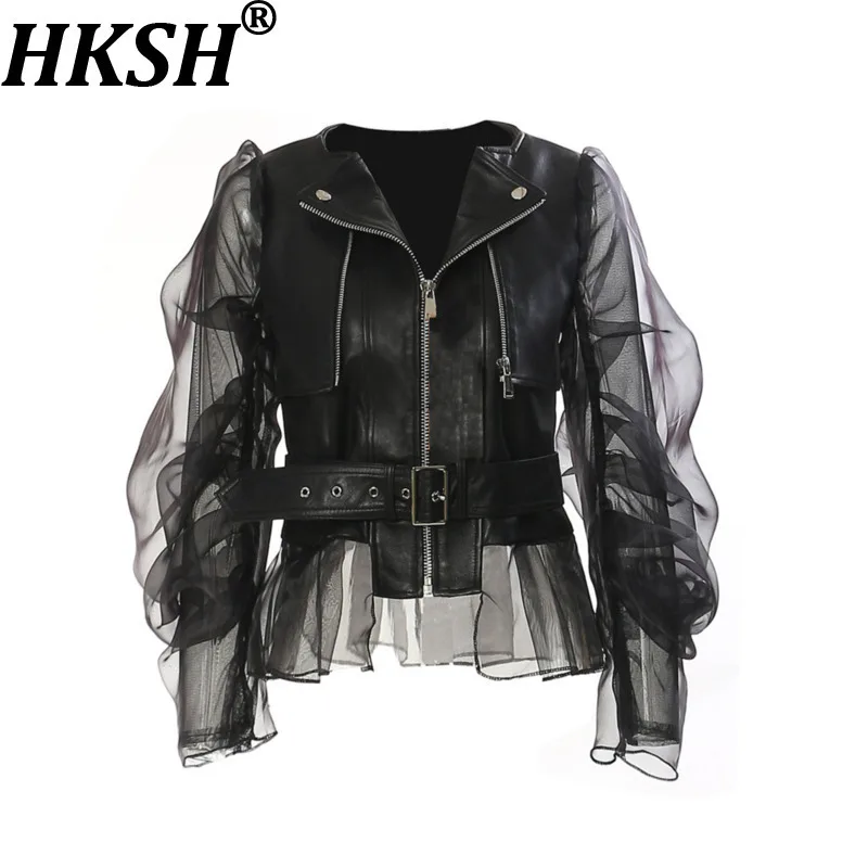 HKSH Autumn Winter New Women Niche Design Fashion Streetwear Motorcycle Jacket Trendy Spliced Transparent Mesh PU Leather HK8961