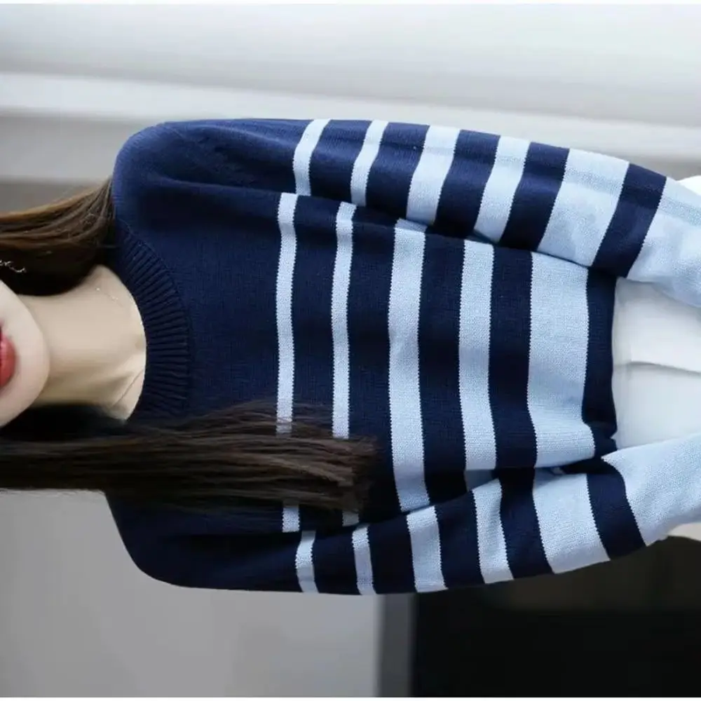 

Spring Autumn Korean Striped Round Neck Knitted Bottoming Shirt Women Sweater Pullover Contrast Long Sleeves Warm Sweaters Ladie