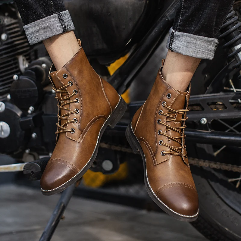 Classic Vintage Western Cowboy Boots Men Fashion Brown Leather Mens Boots Comfortable Pointed Knight Shoes Male Motorcycle Boots
