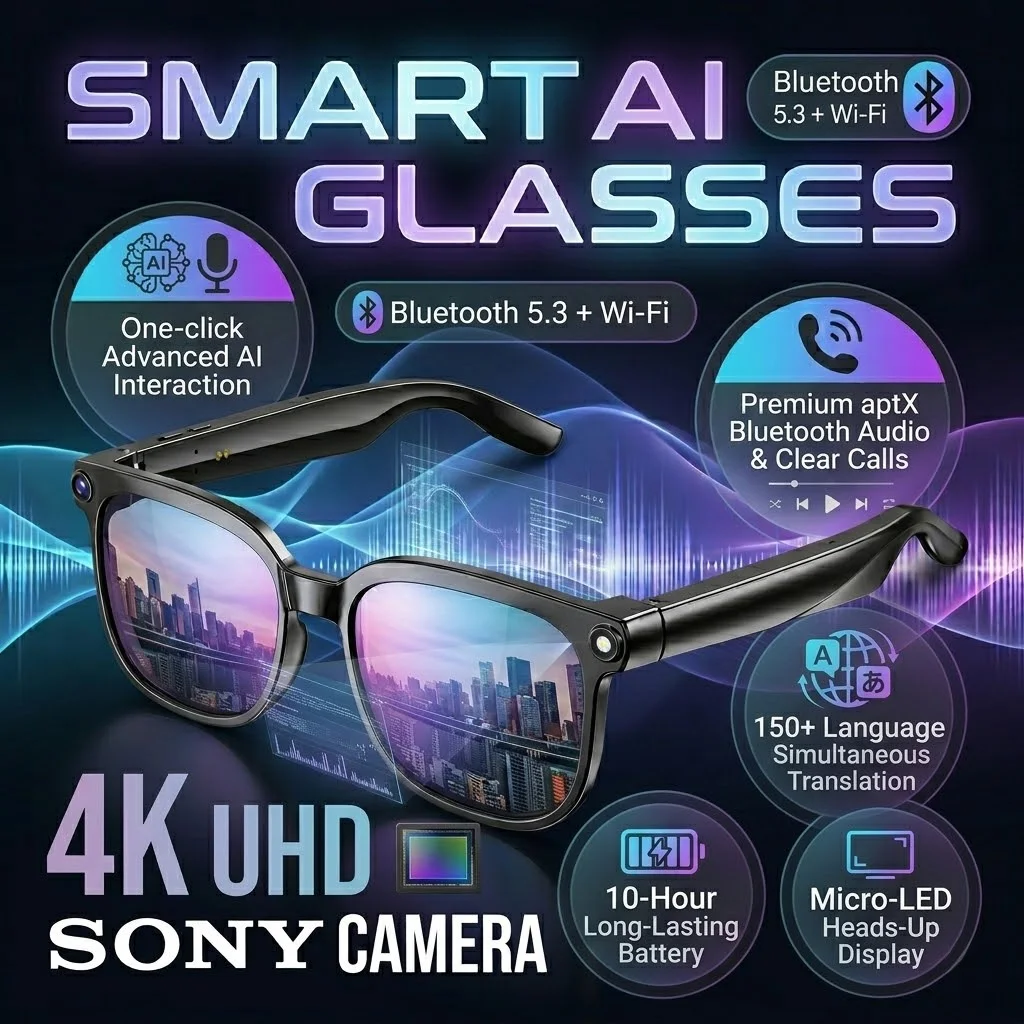 2026 Upgrade Smart Bluetooth Glasses 800w Anti-Shake Camera 1080p Video Recording Real-Time Translation Voice Assistant Glasses