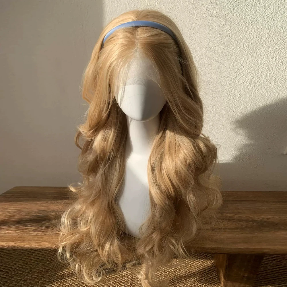 Blonde Lace Synthetic Long Wavy Middle Part Wigs  Lolita Cosplay Fluffy Heat Resistant Wig for Daily Party
