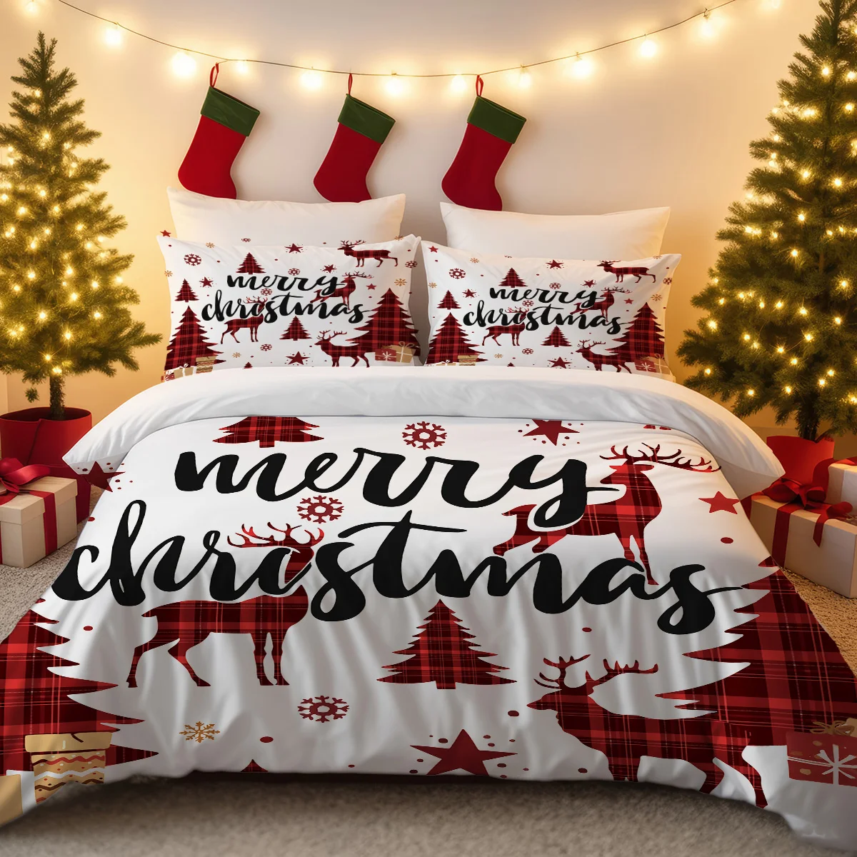 3pcs Christmas Reindeer Print Coreless Bedding Set Multiple Size Bedrooms Dormitories All Season Comfortable Machine Washable