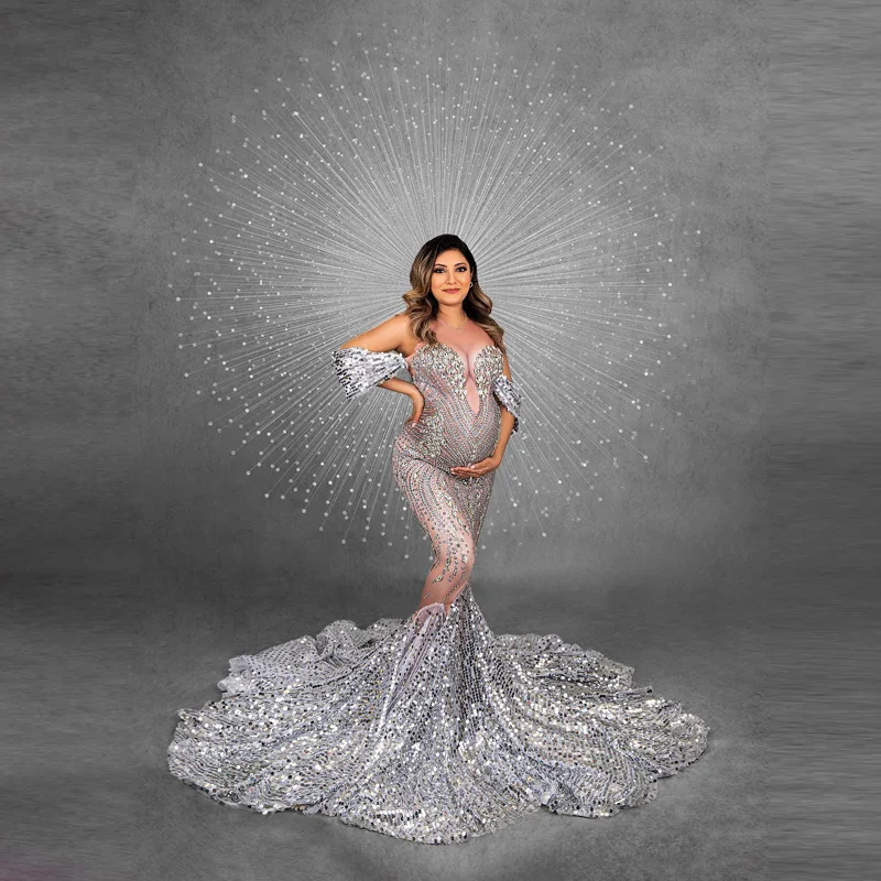 Imagem -02 - Luxo Prateado Lantejoulas Longa Sereia Maternidade Vestidos Sheer Mesh Decotes Faísca Cristal Gravidez Mulheres Vestidos para Fotografia