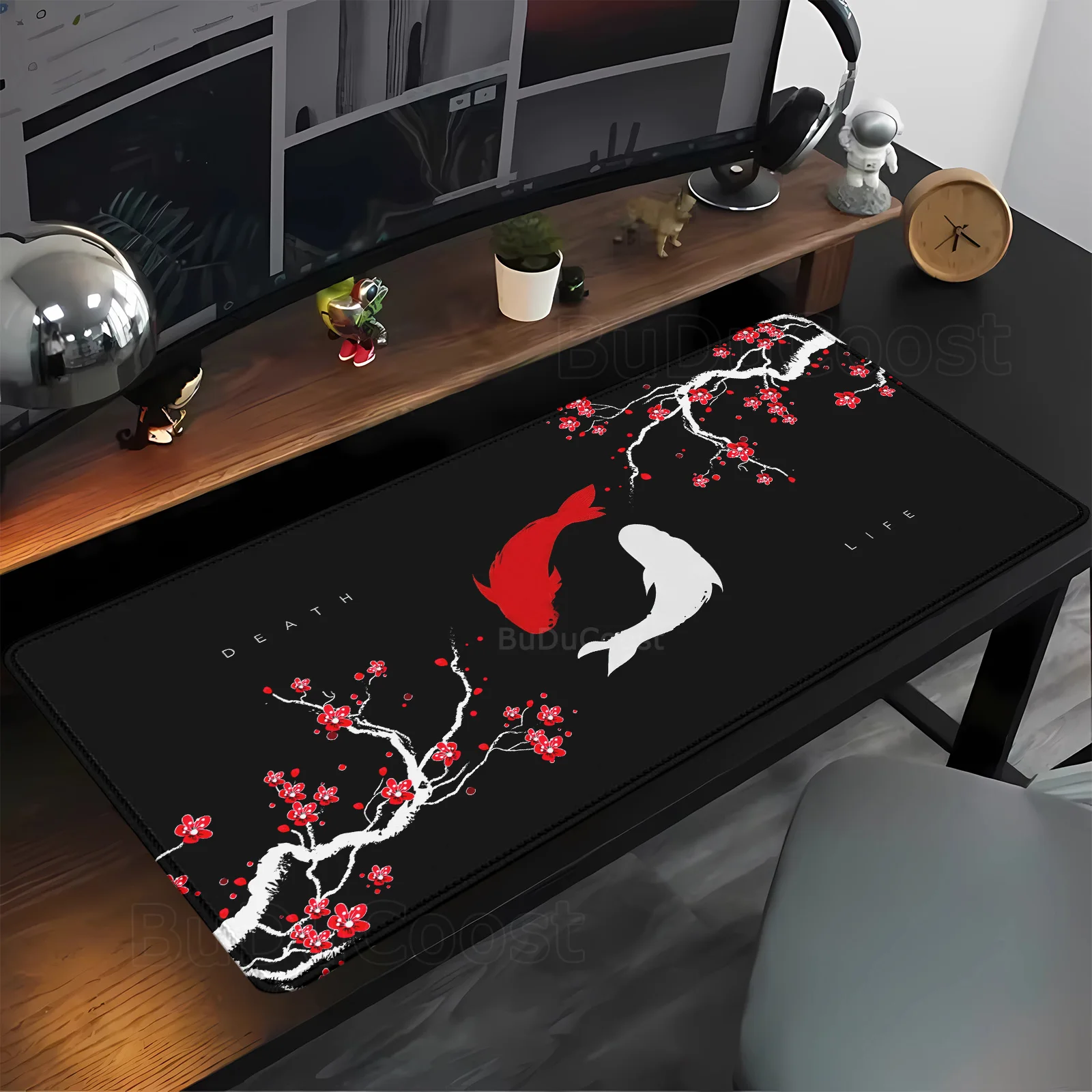 

HD Black & White Sakura Computer Office Table Pc Gaming Non-slip Japanese Kawaii Desk Accessories Yin-yang Fish Large Mouse Pad