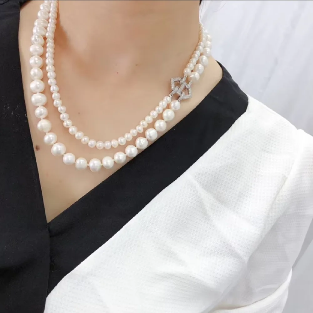 2-Row Natural Pearl AAA Japanese Akoya 5-6mm+9-10mm White Pearl Necklace 925s/16-18inch/18-20inch
