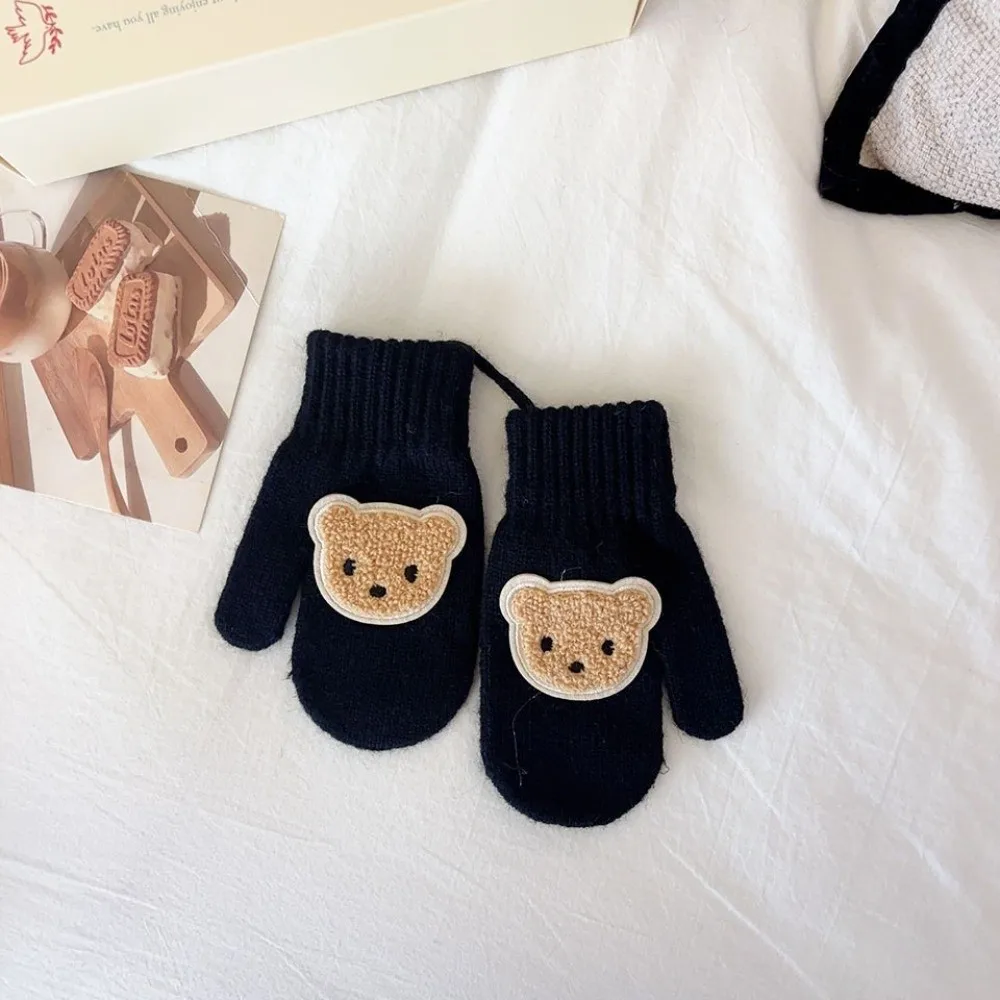 With Ropes Winter Warm Gloves Solid Color Knitted Material Knitted Mittens Full Finger Warm Lining Full Finger Gloves
