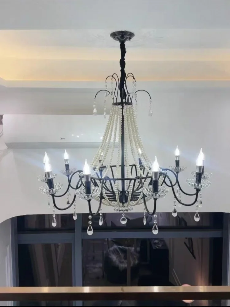 European Living Room Gold Candle E14 Chandelier Luxury Crystal Pearl Led Pendant Lights Villa Decor Led Suspend Lamp Luminarias