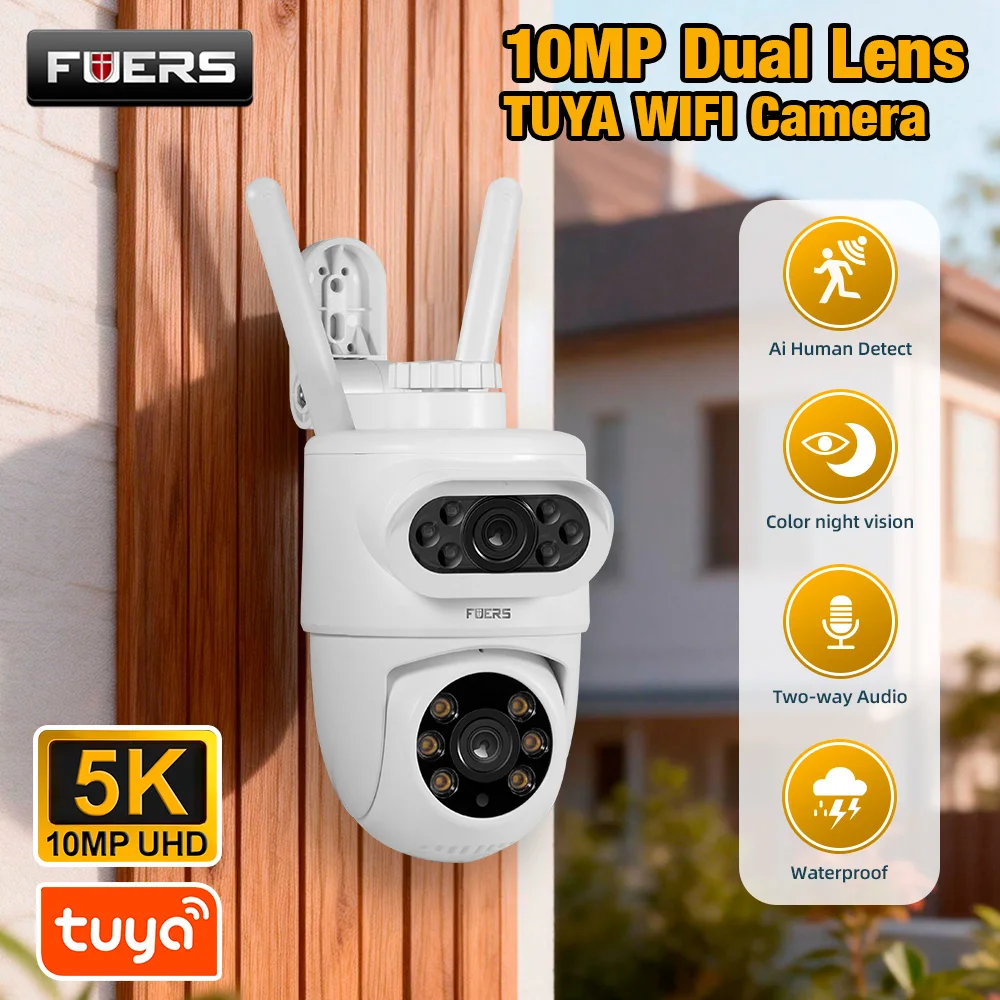 

Уличная IP-камера FUERS 5K 10MP с двумя объективами, Wi-Fi, Tuya Smart Home, автоматическое отслеживание, беспроводная сигнализация, видеонаблюдение