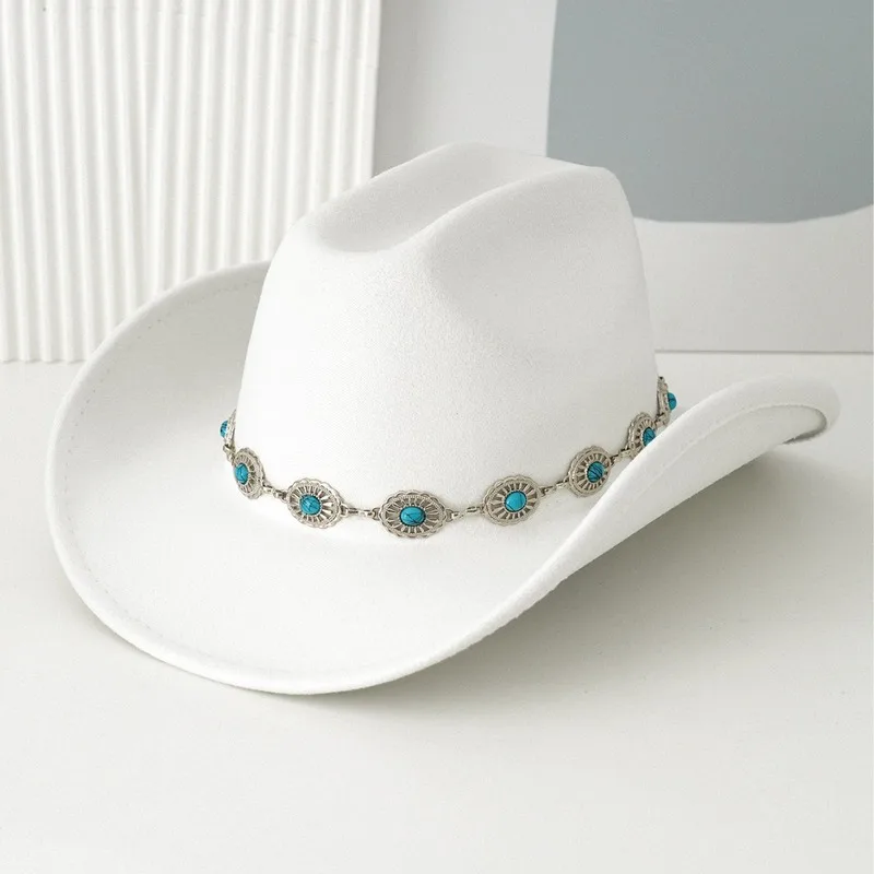 Trendy men's and women's turquoise belt, and a bohemian-style vintage wide-brimmed hat for parties.