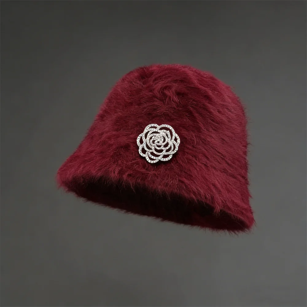 

New Fashion Delicate Rhinestone Camellia Faux Rabbit Fur Bucket Hat Women Winter Warm Plush Luxury Fisherman Hat
