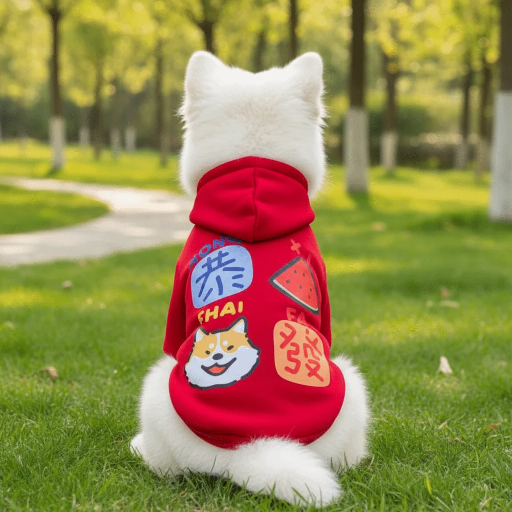 

Dog Jacket Sweater Warm Pet Dog Hoodies Thickened Cartoon Dog Sweatshirt Red Soft Pet Jumpsuit Outdoor