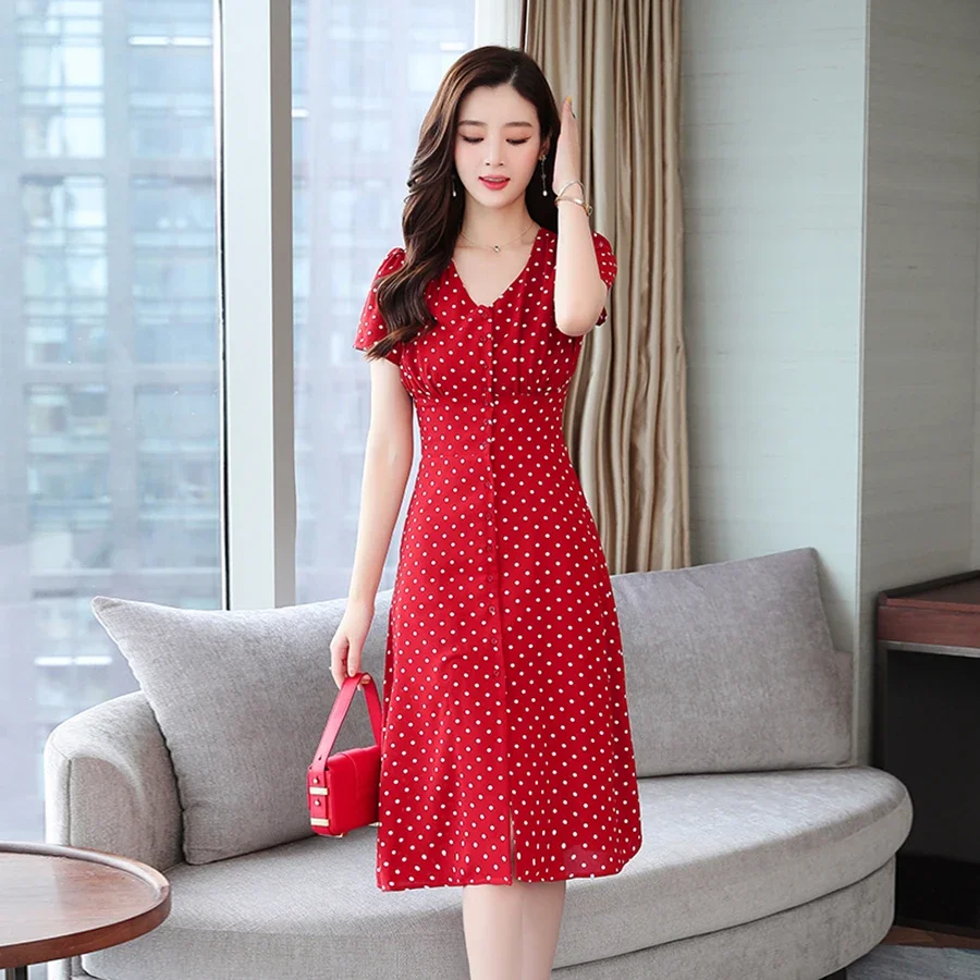 Summer Vintage Chiffon con scollo a v Sexy Midi Shirt Dress 2024 donne coreane elegante Dot Bodycon Boho Beach Sundress Party Red Vestidos