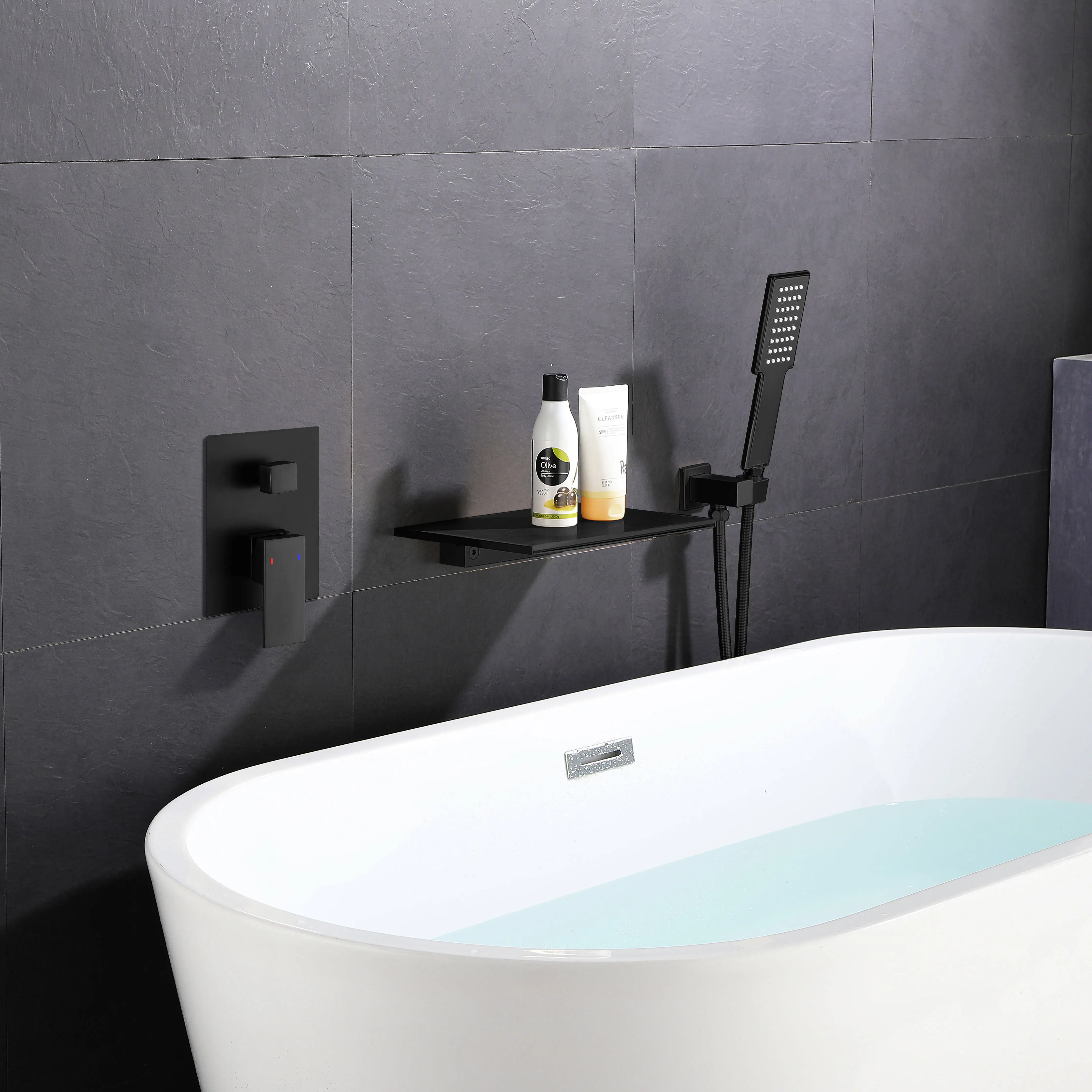 

Black Embedded Wall-Mounted Bathtub Faucet Set, Waterfall Flow, with Handheld Shower Function, Hot and Cold Switch