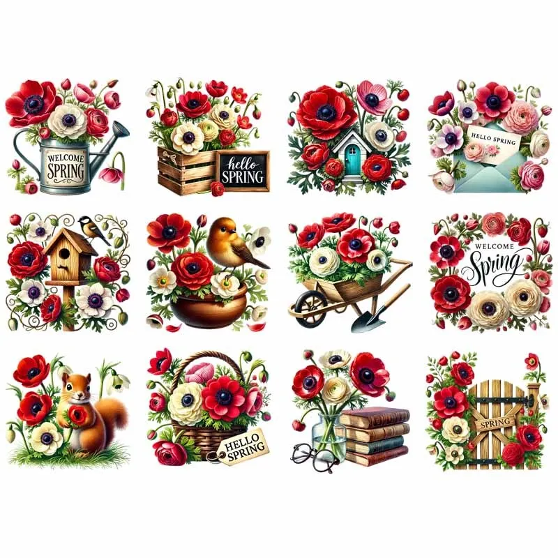 

A bouquet of red and white yellow with vibrant colors Anemone heat transfer printing clothes patch flower DTF stickers clothing