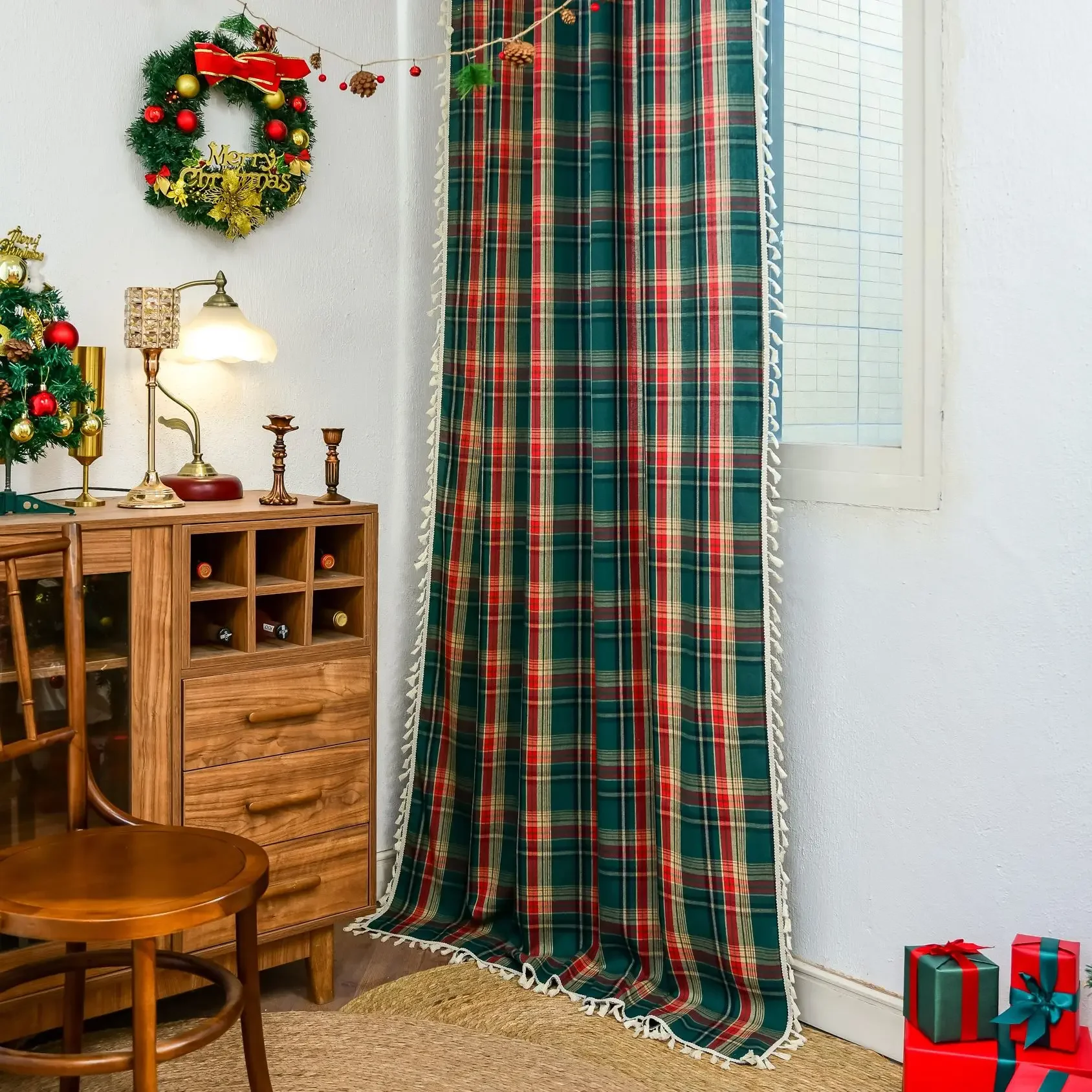 Christmas Check Plaid Tassel Curtain,Festive Decor for Holiday Party Gatherings,Bedroom Living Room Balcony Home Decoration