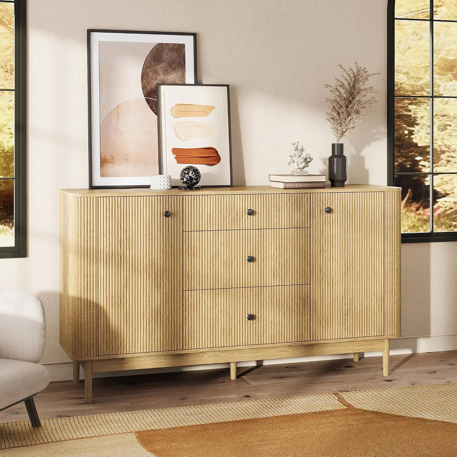 59" Buffet Cabinet with Drawers, Large Fluted Sideboard Buffet Storage Cabinet with Charging Station