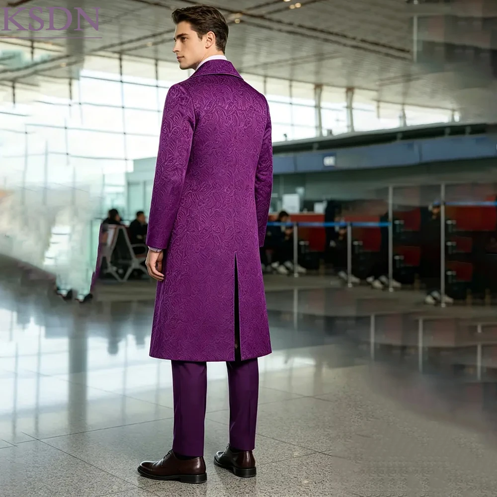 Gorgeous Men's Jackquard Suits Fashion Event Trench Coat With Jacket Pants Vest Casual Wedding Guest Male Clothing Terno Blazer