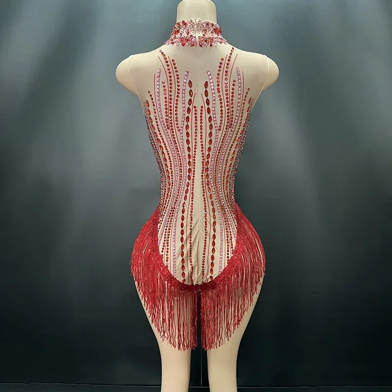 Body con flecos y diamantes de imitación para mujer, vestido Sexy de malla para fiesta de baile en barra, traje de Bar Ds Dj Gogo, ropa para discoteca, 8 colores