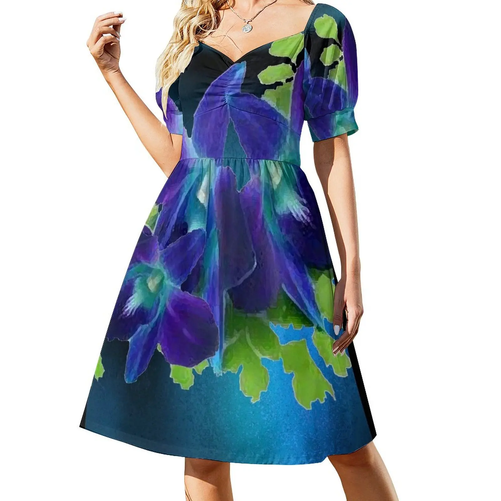 

Hawaiian Blue Orchid and Fern Short Sleeved Dress Dresses Woman's evening dress Dress