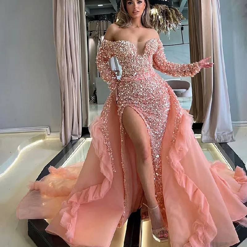 

Sparkling Pink 2025 High Back Women Evening Dress Long Sleeve Pearls Wedding Party Gowns With Overskirts Dubai Formal Prom Dress