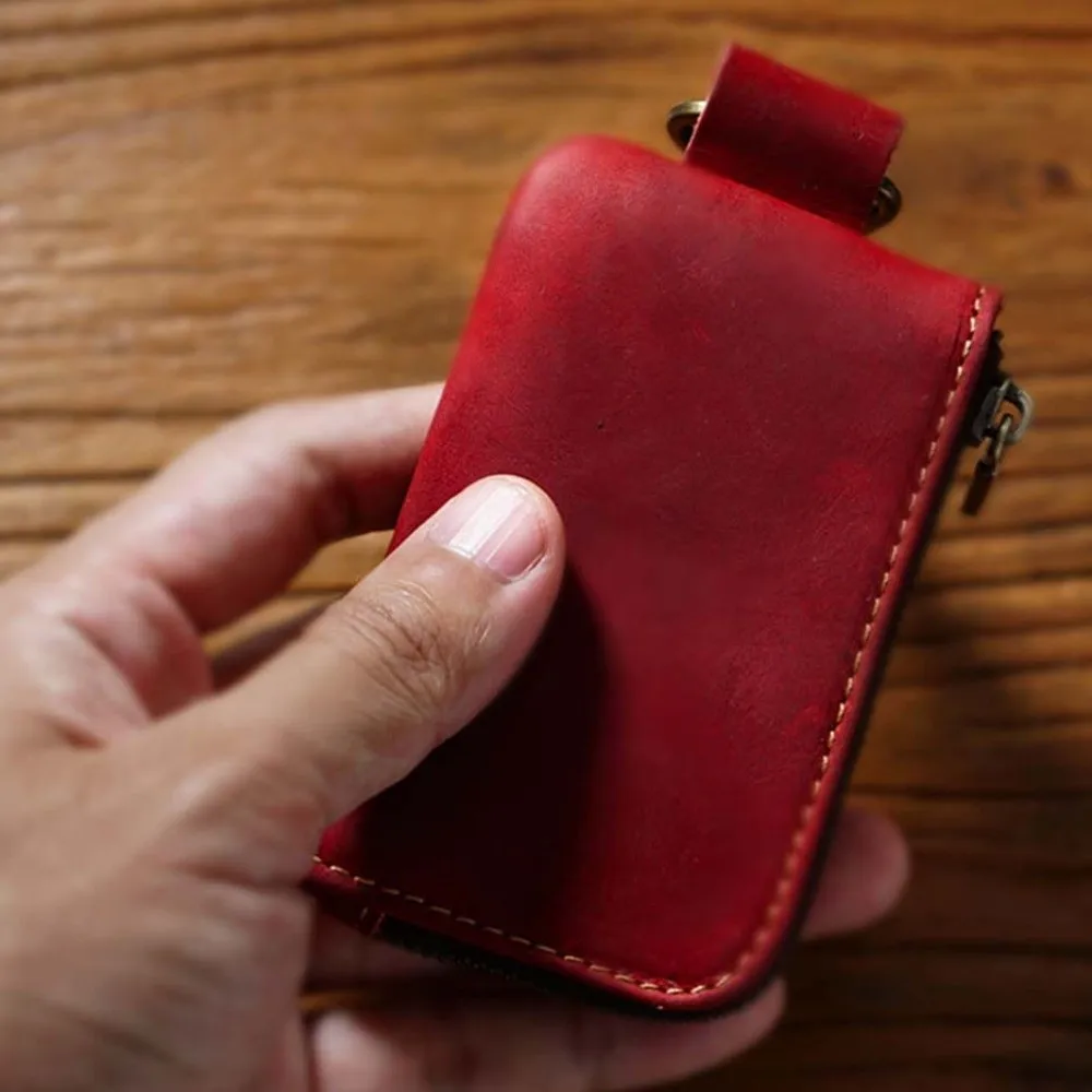 

Genuine Cowhide Key Fob Holder L-Shaped Zipper Antique Brass Carabiner Crazy Horse Leather Wallet Large Internal Capacity