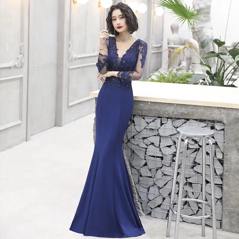 

Sexy Deep V-neck Evening Dresses 2023 New Elegant Beading Mermaid Prom Gown Classic Floral Long Sleeved Banquet Vestidos De Gala