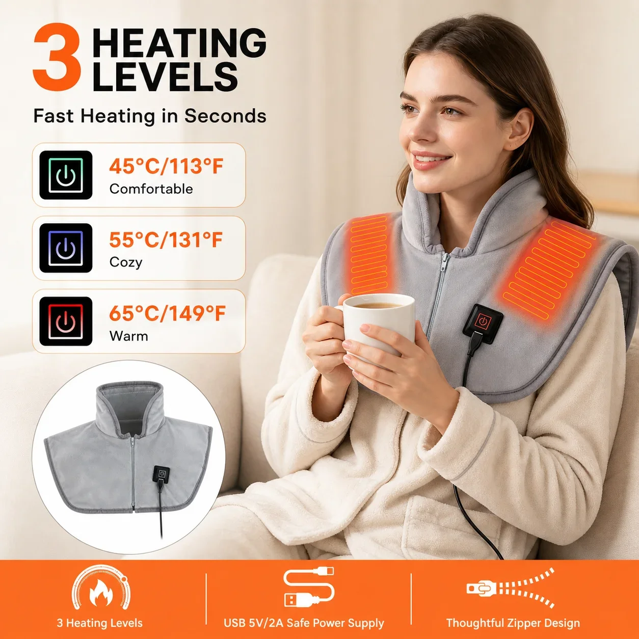 Xale Aquecido USB com 3 Níveis de Aquecimento, Manta Aquecida com Zíper para Pescoço e Costas, Capa Quente Lavável para Casa e Escritório Feminino