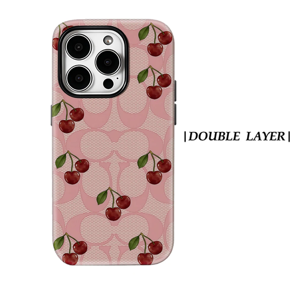 Roze Mesh Cherry Telefoonhoesje voor Magnetische telefoonhoes voor IPhone 17 16 15 14 13 Pro Max Plus Enkele dubbellaagse stoere hoes