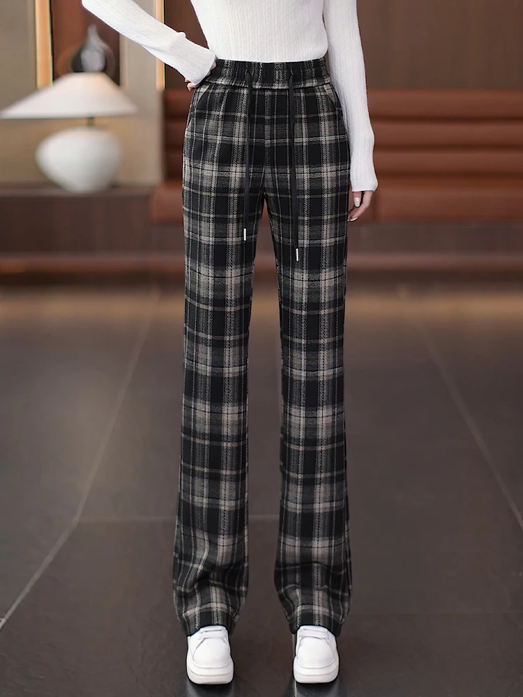 

High Waist Fleece Lined Tweed Plaid Straight Leg Pants Women's Autumn Winter Loose Casual Wide Leg Pants Korean Style