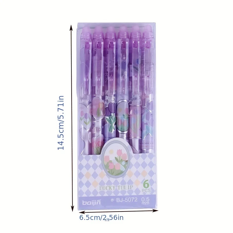 Apagável Roxo Tulip Gel Canetas com Borrachas, Papelaria Coreano, Material Escolar e de Escritório, Presente Dos Estudantes, Kawaii, Meninas, 6Pcs