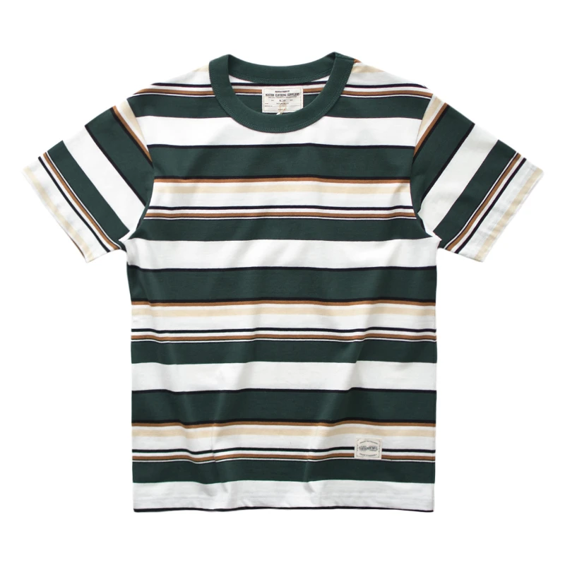 New summer hipster men\'s heavy retro chunky striped cotton crewneck short sleeve T-shirt