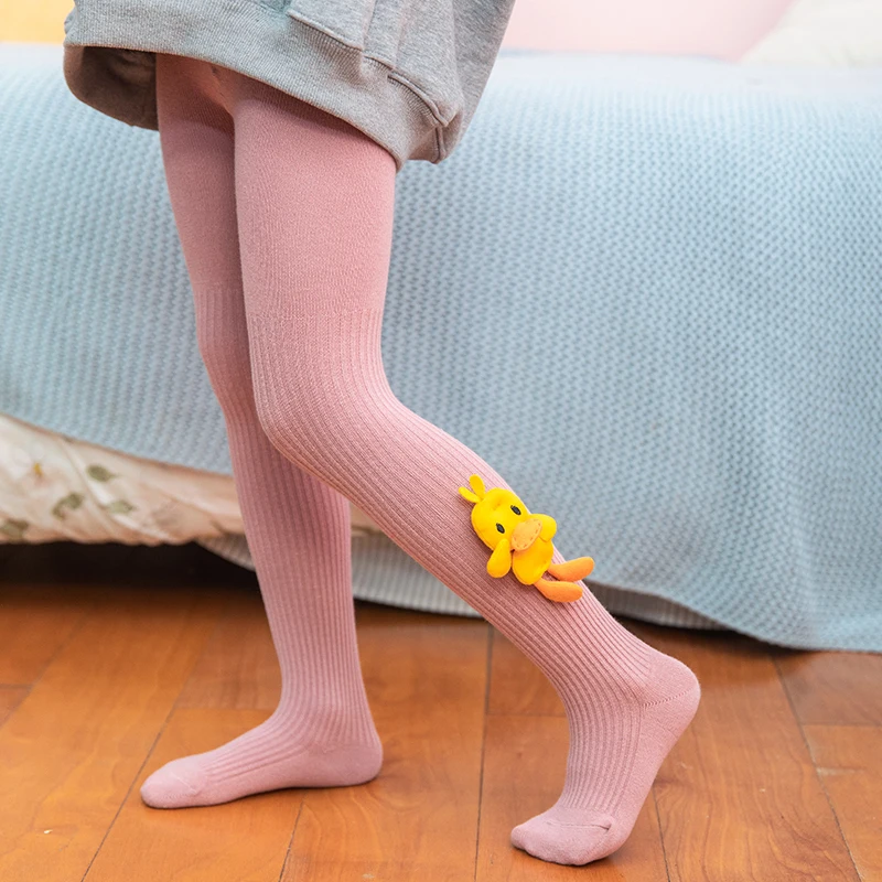 High Stretch Pantyhose For Lovely Girls With Cute Cartoon Yellow Duck Decor Comfort Elastic Leggings Fit Kids Daily Wear Outfits