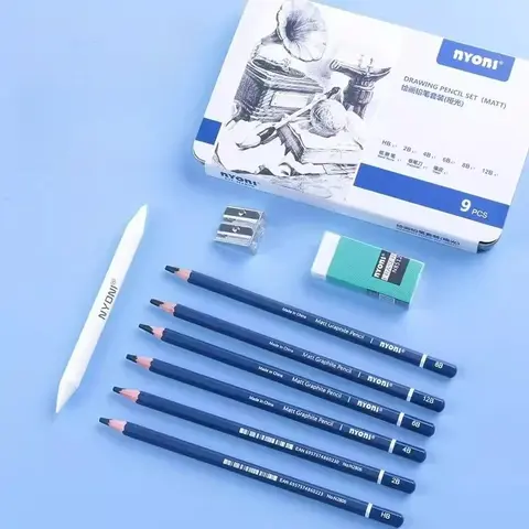 NYONI Matte Sketch Pencil Set with Iron Outer Case Complete Sketching Tools for Beginners Including Eraser and Blending Stump